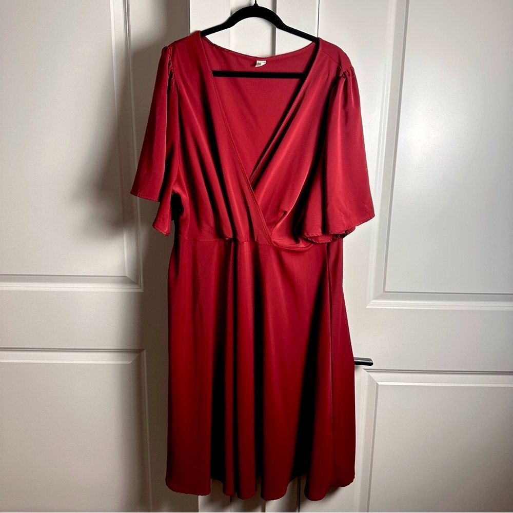 4X Plus Raspberry Red Flutter Sleeve Faux Wrap Above Knee Dress - Romantic, Date